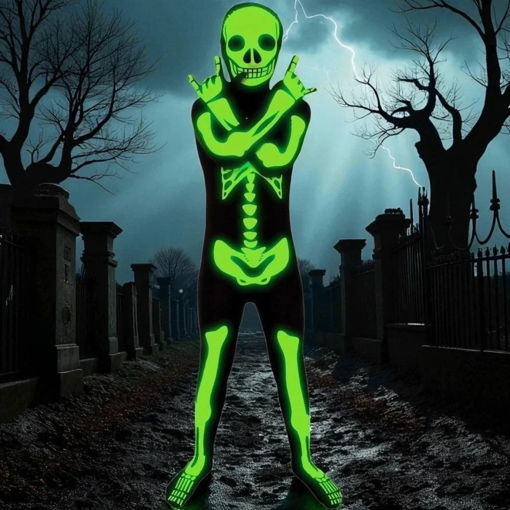 Kids Glow in Dark Skeleton Boys Girls Halloween Skin Suit Costume SMALL size